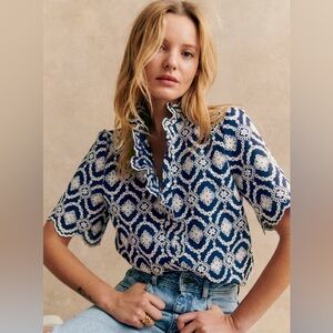 Sezane Dalhia Shirt Marine With Ecru Embroidery - Size 6